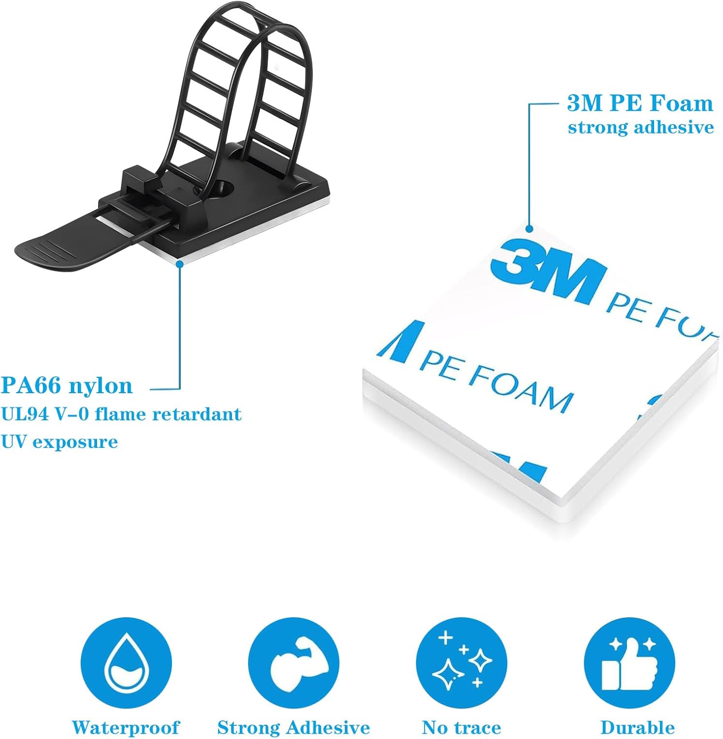 Adjustable 3M Adhesive Cable Management Clips 100Pcs, Large self Adhesive Cable Ties Clips ，Suitable for Cable Management Under desks and on Walls(Black)