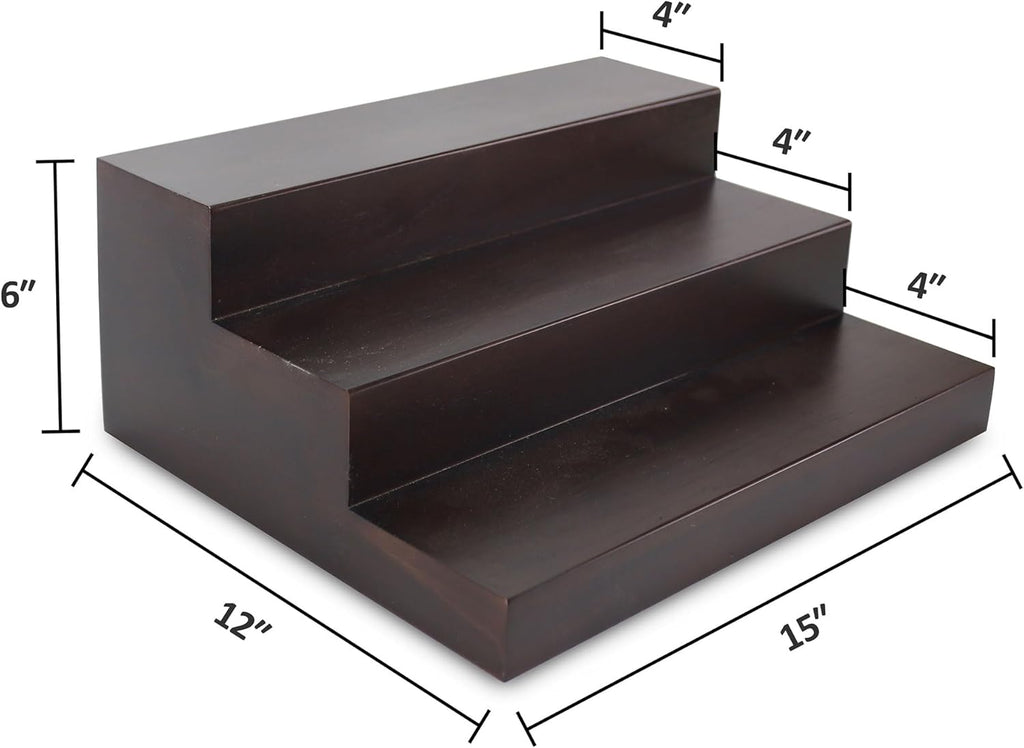 BARsics 3 Tiered Walnut Wood Liquor Bottle Shelf, Back Bar Riser Display 15x12x6 inch