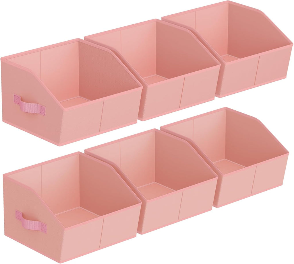 Storage Bins for Shelves - Small Trapezoid Closet Shelf Organizer, Fabric Organization Bins with Handles, Storage Baskets for Clothes, Towel, Purse, 6 Pack, Pink