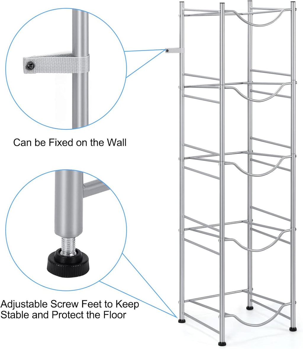 smusei 5 Gallon Water Bottle Holder 5 Tier Detachable Water Cooler Jug Holder, Heavy Duty Water Jug Stand Storage Rack for Home Office Kitchen, Silver