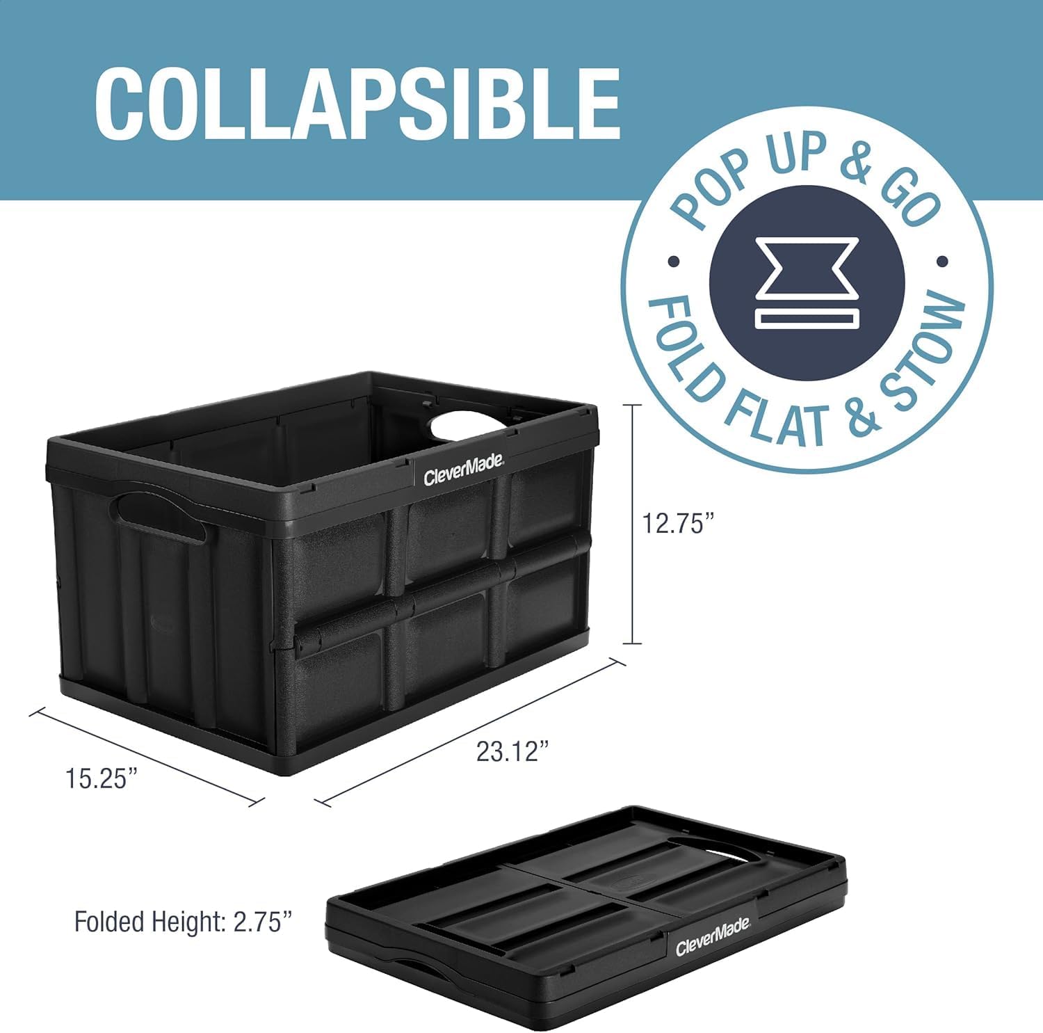 CleverMade Collapsible Storage Bins - Obsidian 3 Pack 62L - Stackable Containers Heavy Duty Capacity Folding Crates - Space-Saving for Home