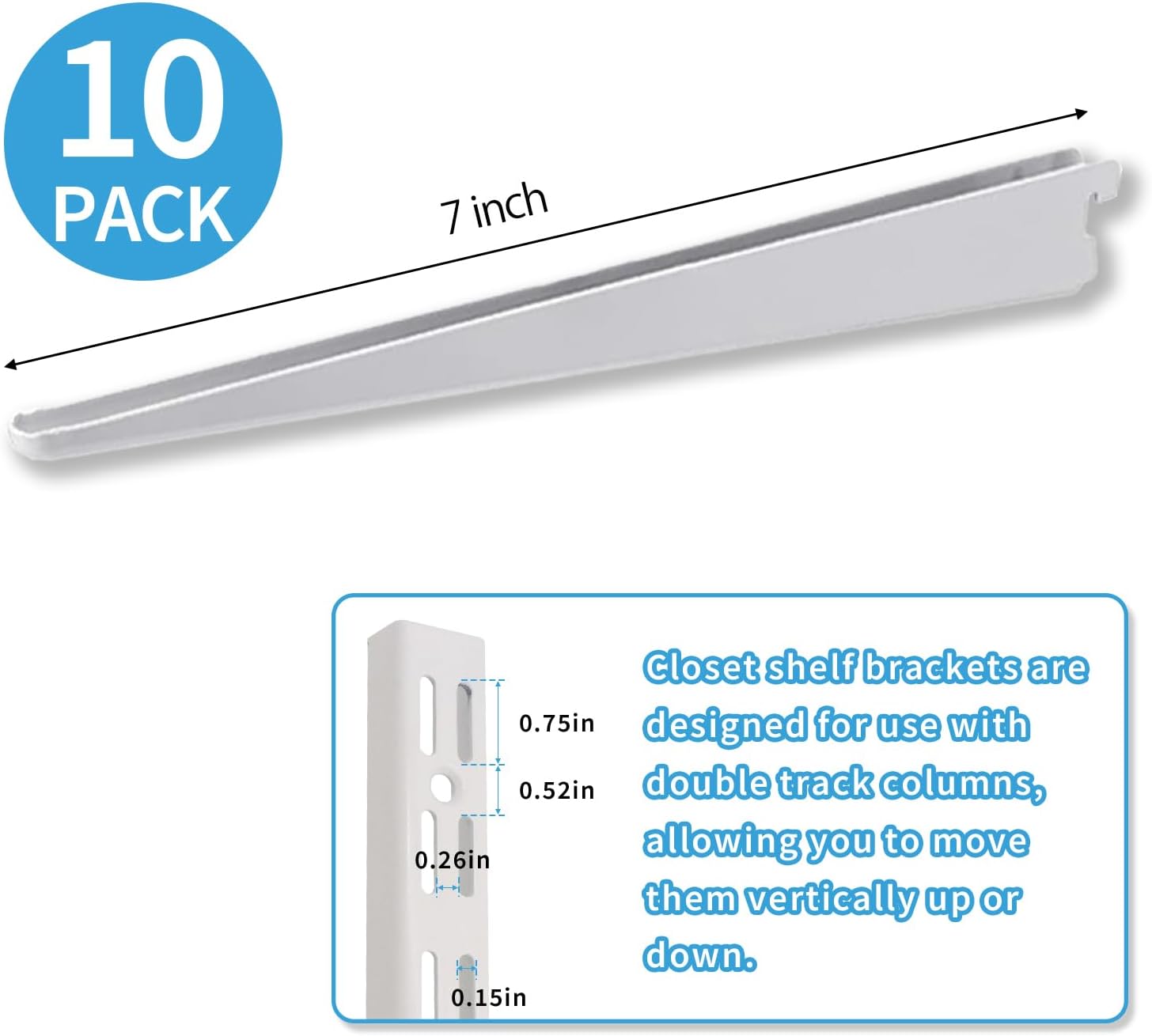 10 Pack 7‑Inch Adjustable Wire Shelf Brackets – Heavy‑Duty Double‑Track Closet & Wall Shelving System Supports（White）