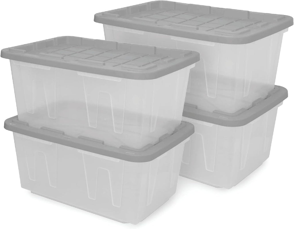 CX BLACK & YELLOW, 27-Gallon Heavy Duty Clear Storage Container & Snap-Tight Lid, Clear & Grey (14.3H x 20.6W x 30.6D), Weather-Resistant, Stackable, See-Through Organization Tote [4 Pack]