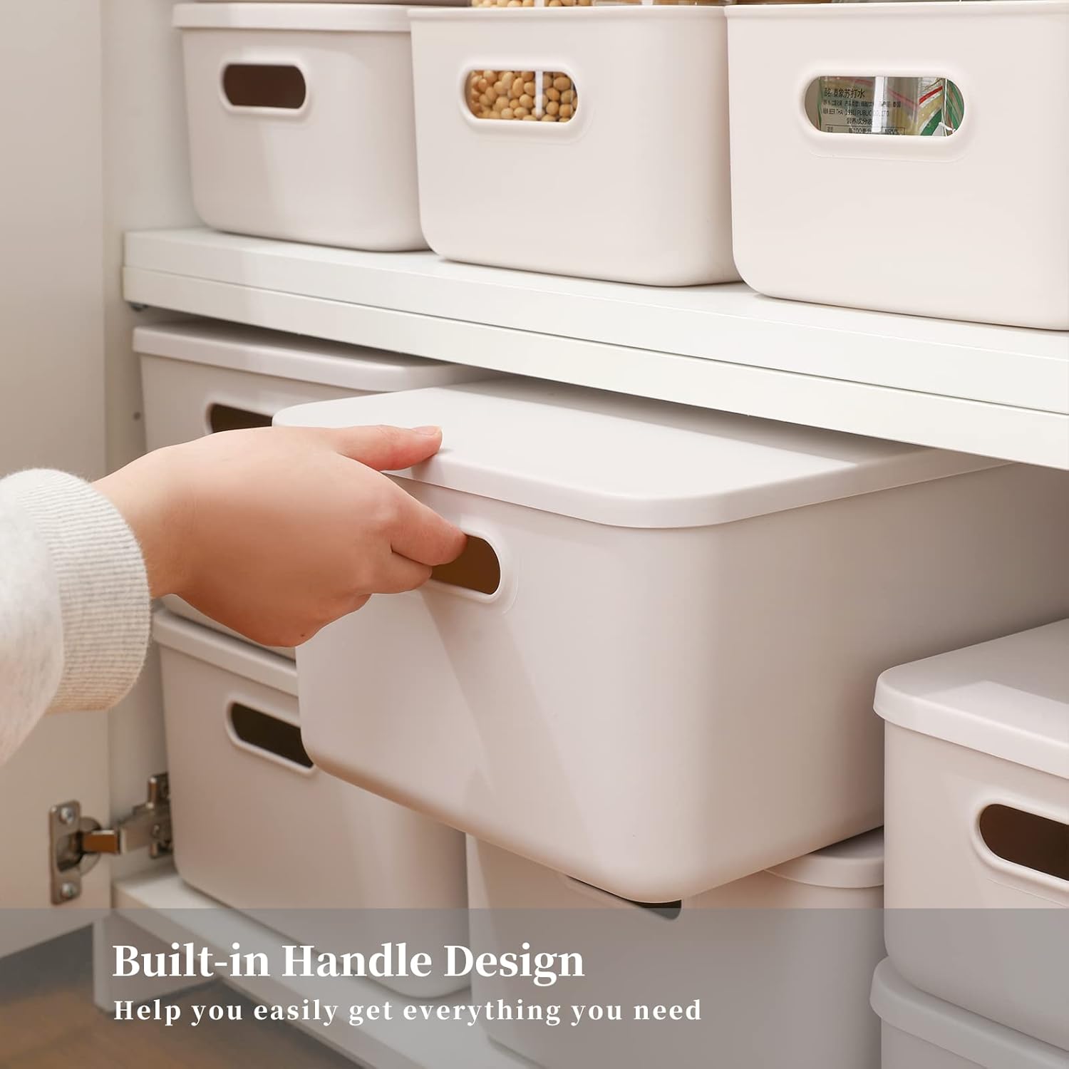 Plastic Storage Baskets With Lid Organizing Container Lidded Knit Storage Organizer Bins for Shelves Drawers Desktop Closet Playroom Classroom Office (M+2S, Light grey)