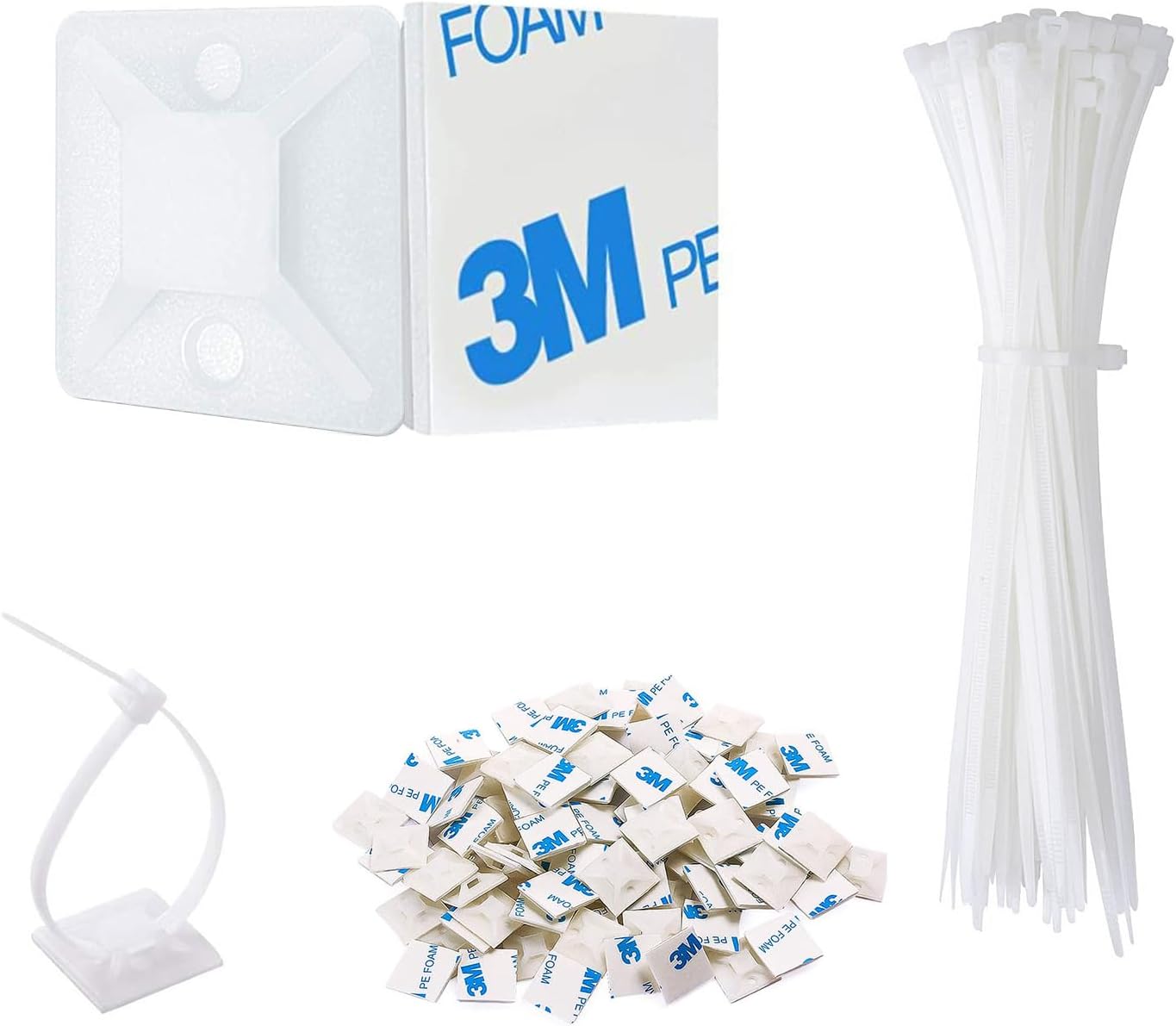 Strong Back-Glue Self Adhesive Cable Zip Tie Mounts Kit - 100 Set Cable Management Clips with 6" Zip Ties, Wire Holders - Outdoor Sticky Wire Organizer Clips - White