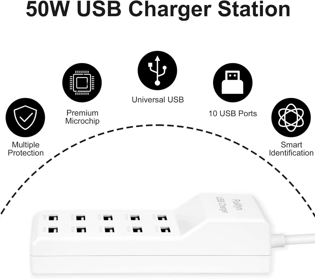 10-Port USB Charger Station, Smart Multiple Charging Block/USB Power Strip for Multiple Devices,Mobile Phones and iPads,Smart Watches Tablets (White)