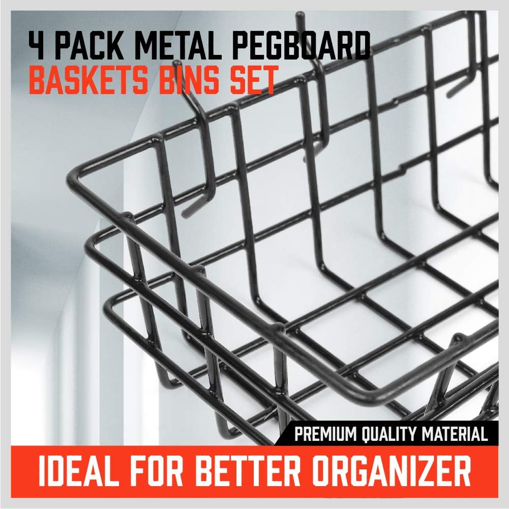 HORUSDY Peg Board Bins and Baskets | 4 Pack | Square Style 4 Size Pegboard Baskets and Pegboard Bins for Organize Workbenches, Accessories