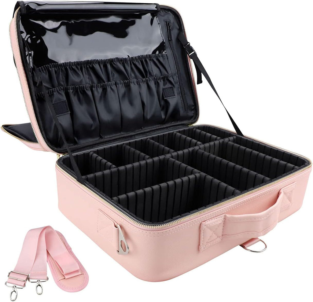 JOURMON Travel Makeup Train Case,Large Capacity Cosmetic Bags for Women,Portable Makeup Bag Organizer with Adjustable Dividers & Shoulder Strap(Pink, L)