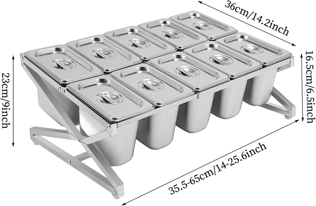 10 Pans Stainless Steel Spice Rack, Expandable Spice Rack Set, Tilted Design Spice Display Rack, Toppings Station Storage, Condiment Organizer, Divider Food Container for Home or Restaurant(Silver)