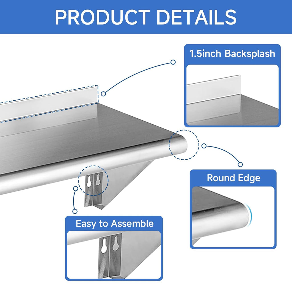ROCKPOINT Stainless Steel Shelf 18 x 60 Inches 450lb, NSF Metal Commercial Shelves Wall Mount Floating Shelving with Backsplash for Restaurant, Kitchen, Home and Hotel, Silver