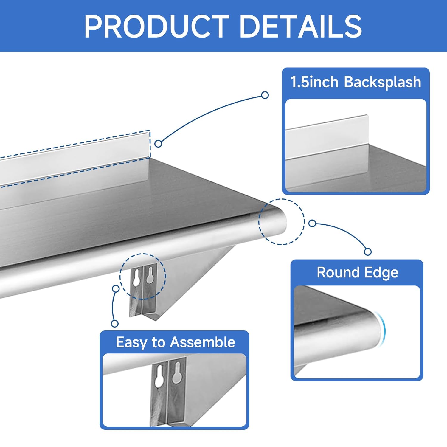 ROCKPOINT Stainless Steel Shelf 14 x 48 Inches 350lb, NSF Metal Commercial Shelves Wall Mount Floating Shelving with Backsplash for Restaurant, Kitchen, Home and Hotel, Silver