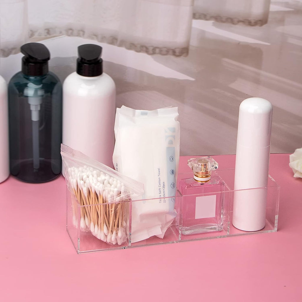 dedoot Acrylic Drawer Organizer 4-Section Clear Plastic Makeup Organizer Storage Container Acrylic Cube for Vanity Makeup Brush, Beauty Accessories-10x2.5x2.3 Inch