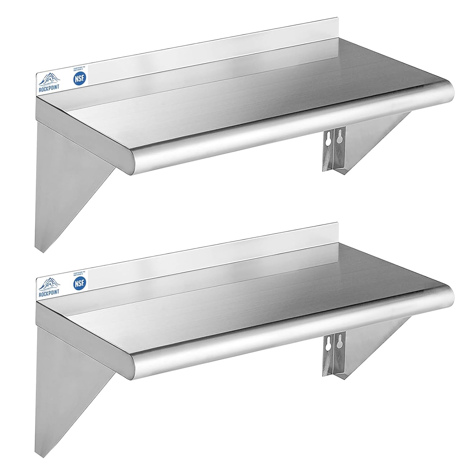 ROCKPOINT Stainless Steel Shelf 12 x 24 Inches 250lb, 2 Pack NSF Metal Commercial Shelves Wall Mount Floating Shelving with Backsplash for Restaurant, Kitchen, Home and Hotel, Silver