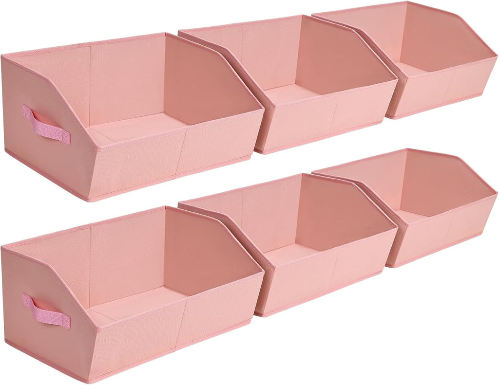 Closet Baskets for Shelves Trapezoid - Decorative Storage Baskets with Handle, Closet Bins for Organization, Shelf Storage Bins for Clothes, Books, Home, Office, 6 Pack, Pink