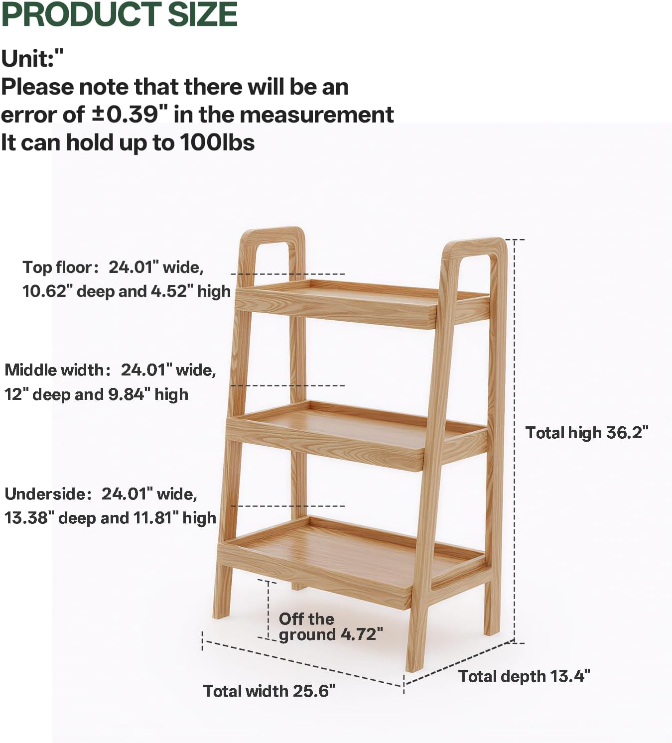 100% Solid Oak 3 Tier Ladder Shelf for Saving Space, Tall Nightstand with Stable Frame for Bedroom, Small Side Table for Living Room Office(Natural, 13.4" L x 25.6" W x 36.2" H)
