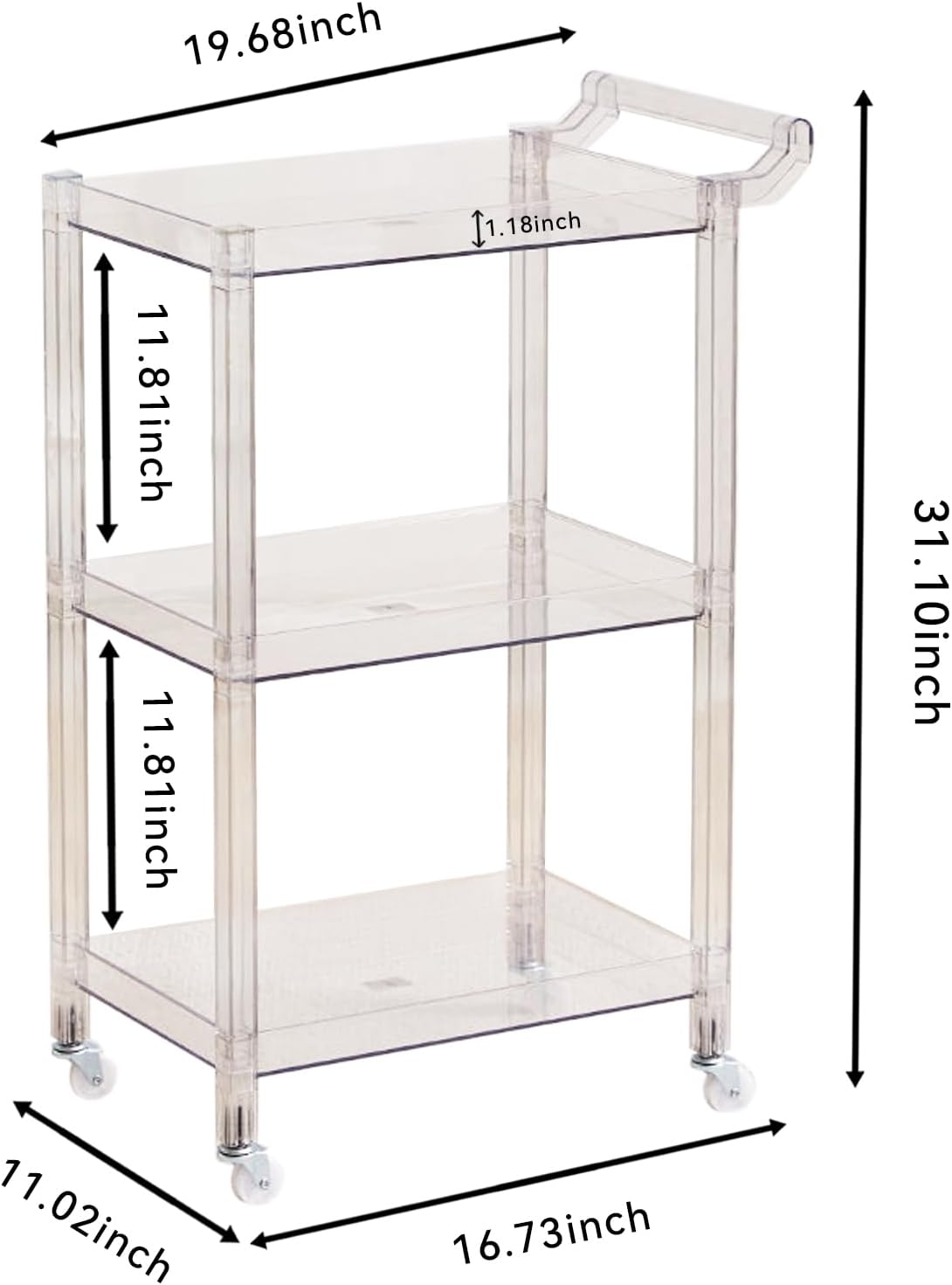Acrylic Utility Rolling Cart, 3-Tier Clear Acrylic Storage Cart with Pulling Handle & 4 Wheels for Kitchen Living Room Dining Bathroom Laundry, Multifunction Serving Trolley for Small Spaces(Green)