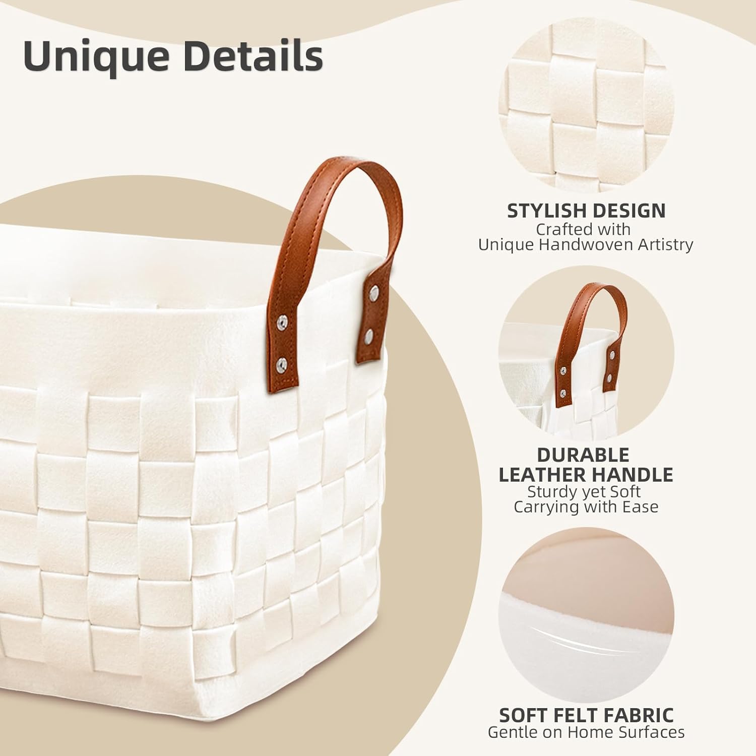 BOLDMONEKY Blankets Basket 16.5 " x13 " x13 " , Large Rectangular Laundry Hamper with Leather Handle, Soft Dog Toy Basket for Storage-Beige