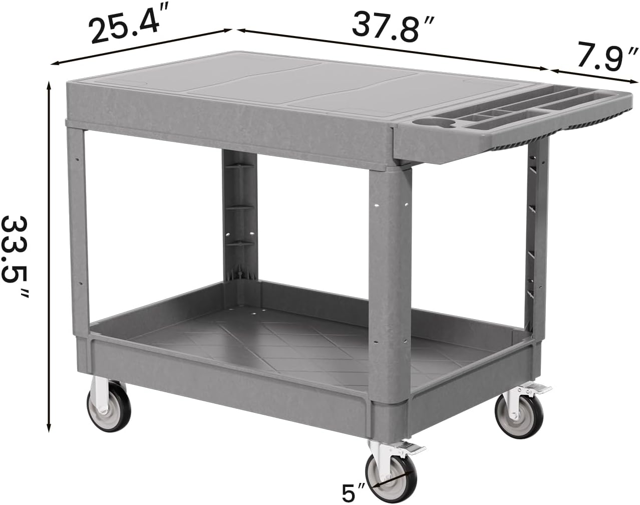 2 Tier Plastic Rolling Utility Cart on Wheels, Heavy Duty Tool Cart with Deep Shelves and 360° Swivel Wheels Holds up to 550 lbs, Service Cart for Garage, Warehouse, Cleaning (Grey-L-Flat Top)