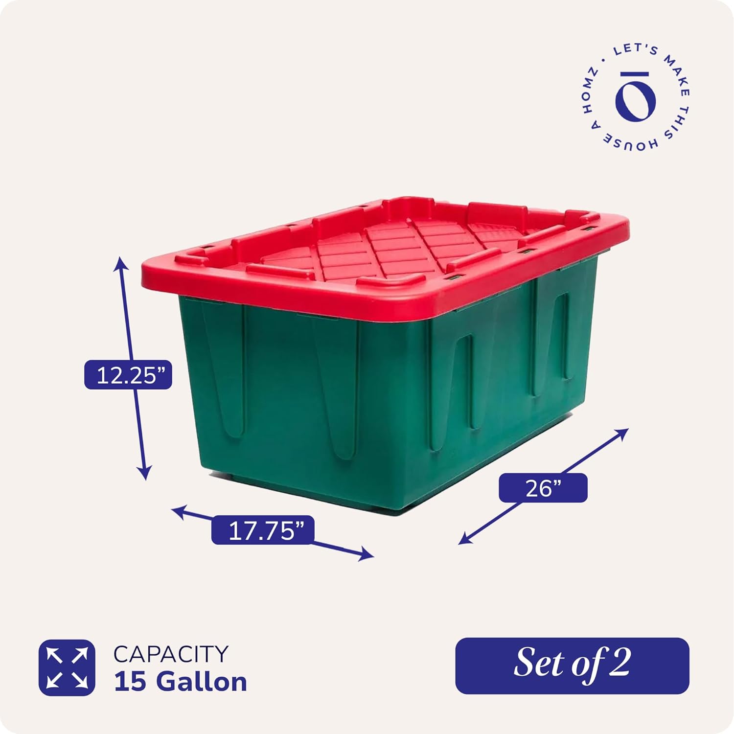 HOMZ 2-Pack Durabilt, Heavy Duty Plastic Storage Bins with Lids, 15 Gallon, Green/Red - Stackable Container Boxes for Holiday, Attic, and Garage Organization