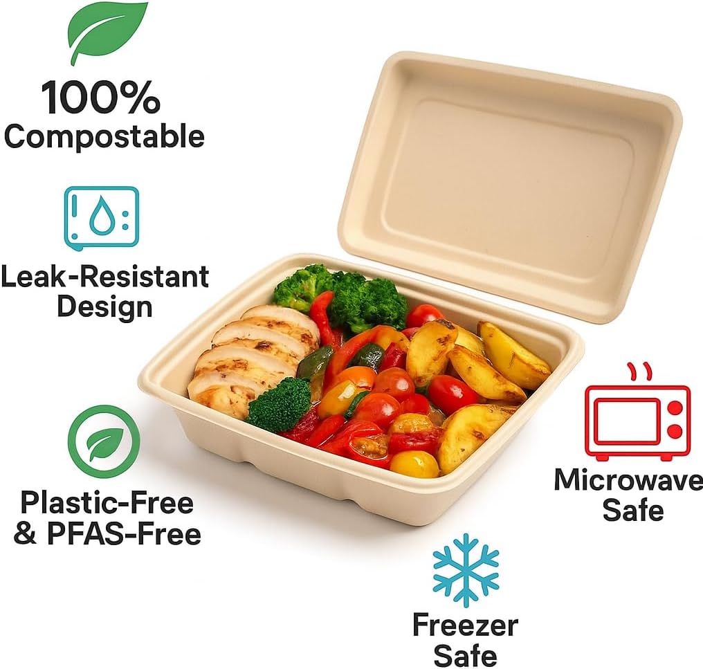100 Pack 750ml Compostable Food Containers with Lids | Leak-Proof | Microwave & Freezer Safe | Eco-Friendly Meal Prep & Takeout Boxes