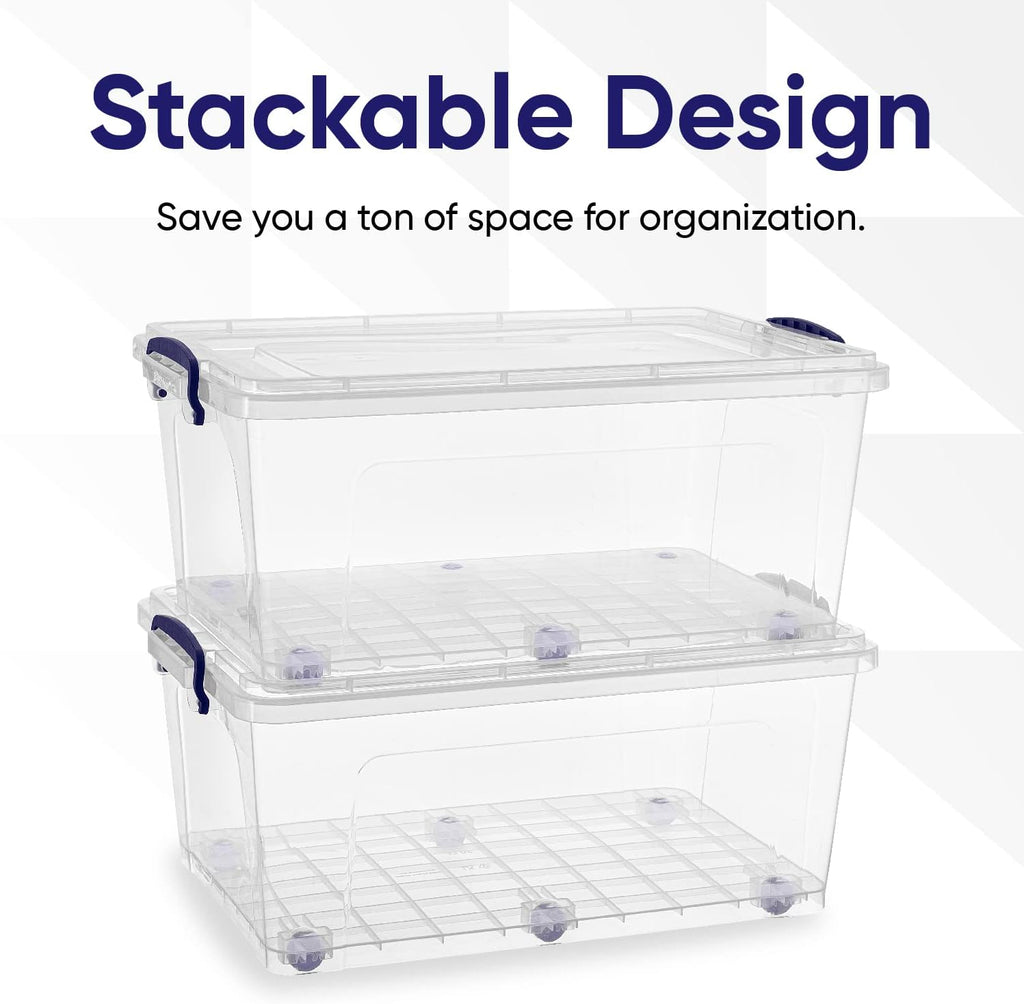 Superio Storage Bins with Lids- Clear Boxes for Organizing, Stackable Plastic Containers- BPA Free, Non-Toxic, Odor Free, Organizer for Home, Office, Dorm (8 Pack, 32 Qt (Wheeled))