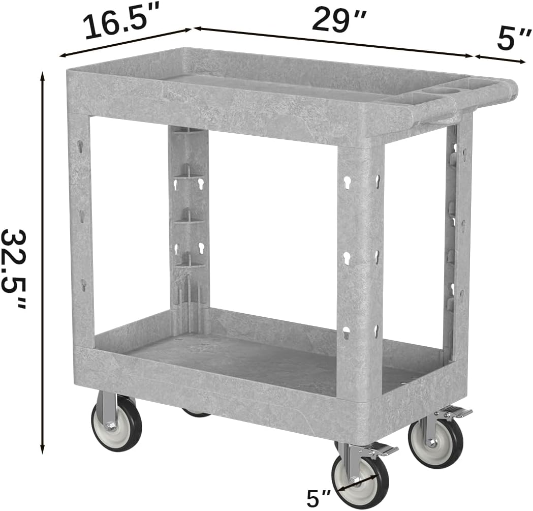 2 Tier Plastic Rolling Utility Cart on Wheels, Heavy Duty Tool Cart with Deep Shelves and 360° Swivel Wheels Holds up to 550 lbs, Service Cart for Garage, Warehouse, Cleaning (Gray-34in)