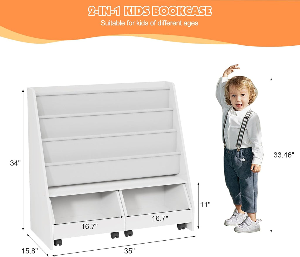 Kids Bookshelf with Two Movable Drawers Toddler Bookcase with Toy Storage Organizer Child Sling Book Rack Baby Cabinet Chest with Wheels for Nursery,Playroom,Bedroom,Living Room,Classroom