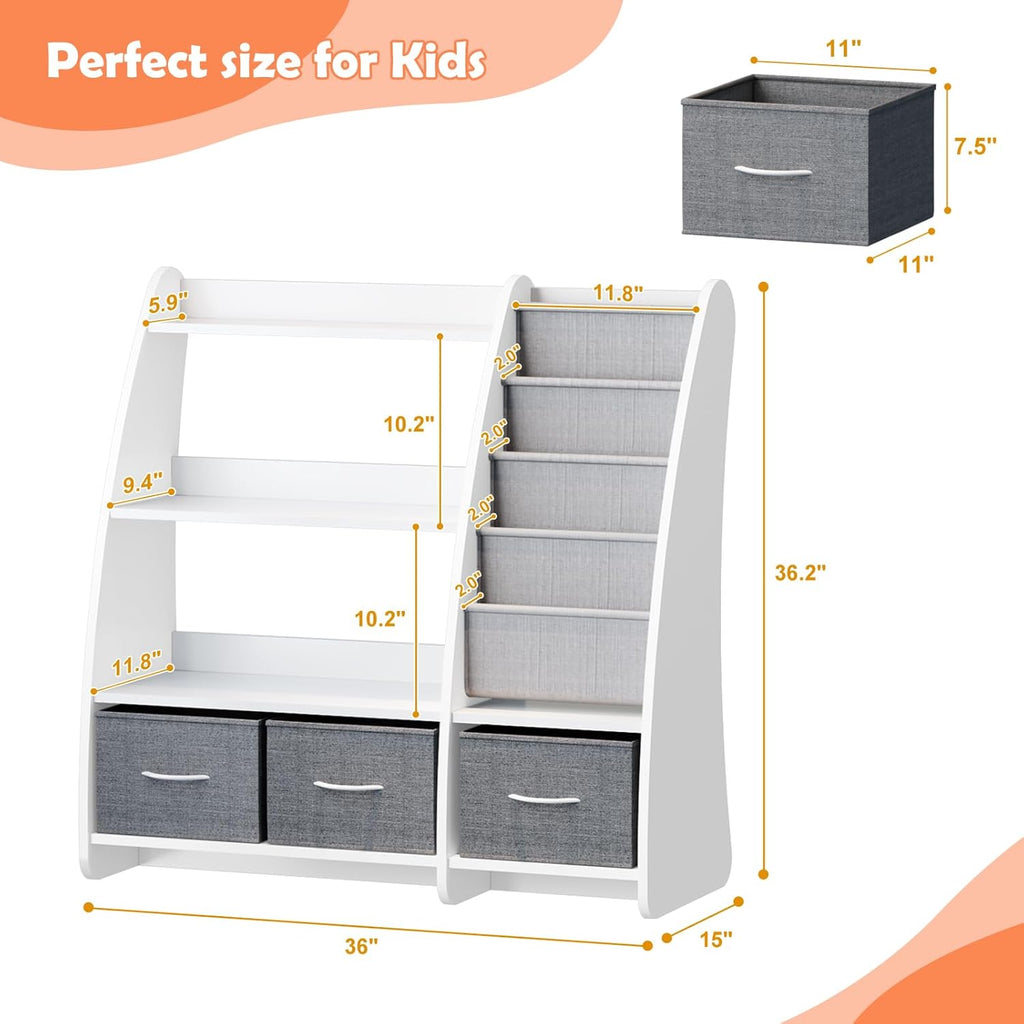 White Kids Bookshelf Wood Toy Storage Organizer Cabinet Children Bookcase Toddler Baby Sling Book Rack 3 Cube Bins Sail Boat Arc Shape for Playroom Bedroom Nursery Classroom
