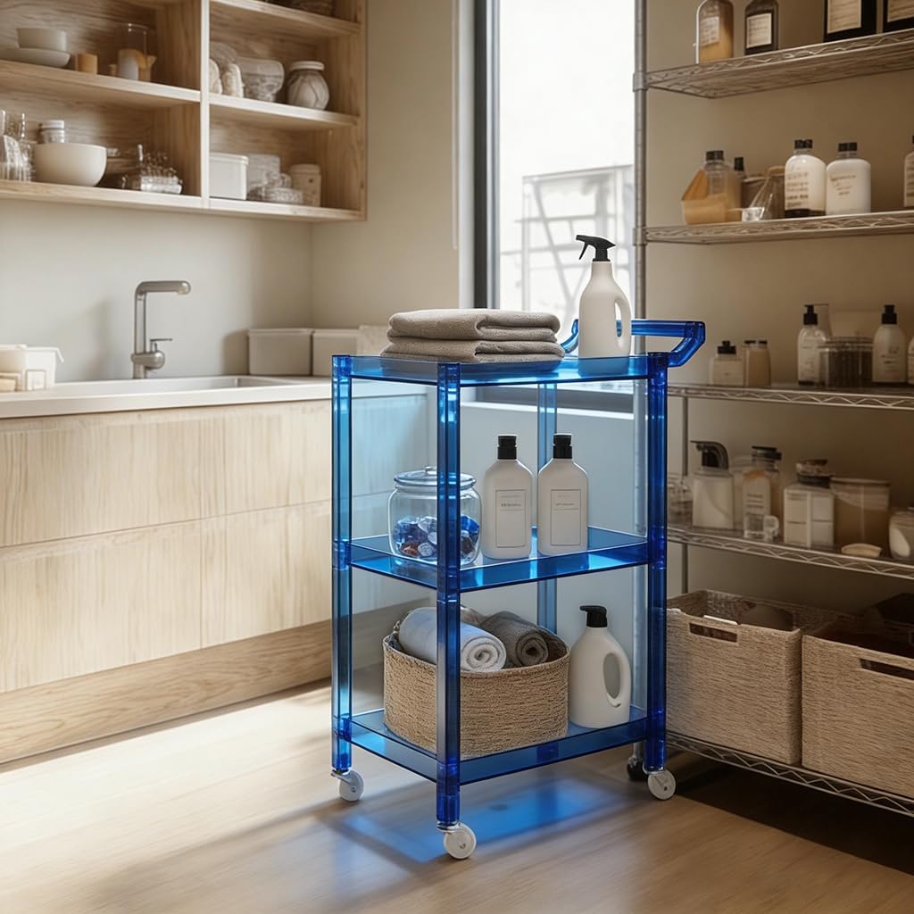 Acrylic Utility Rolling Cart, 3-Tier Clear Acrylic Storage Cart with Pulling Handle & 4 Wheels for Kitchen Living Room Dining Bathroom Laundry, Multifunction Serving Trolley for Small Spaces (Blue)