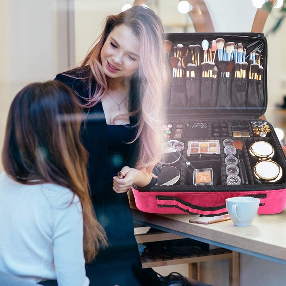 gzcz Travel Makeup Bag,Professional Cosmetic Bags for Women,Portable Makeup Brush Case Organizer Storage with Adjustable Dividers and Shoulder Strap (Medium)