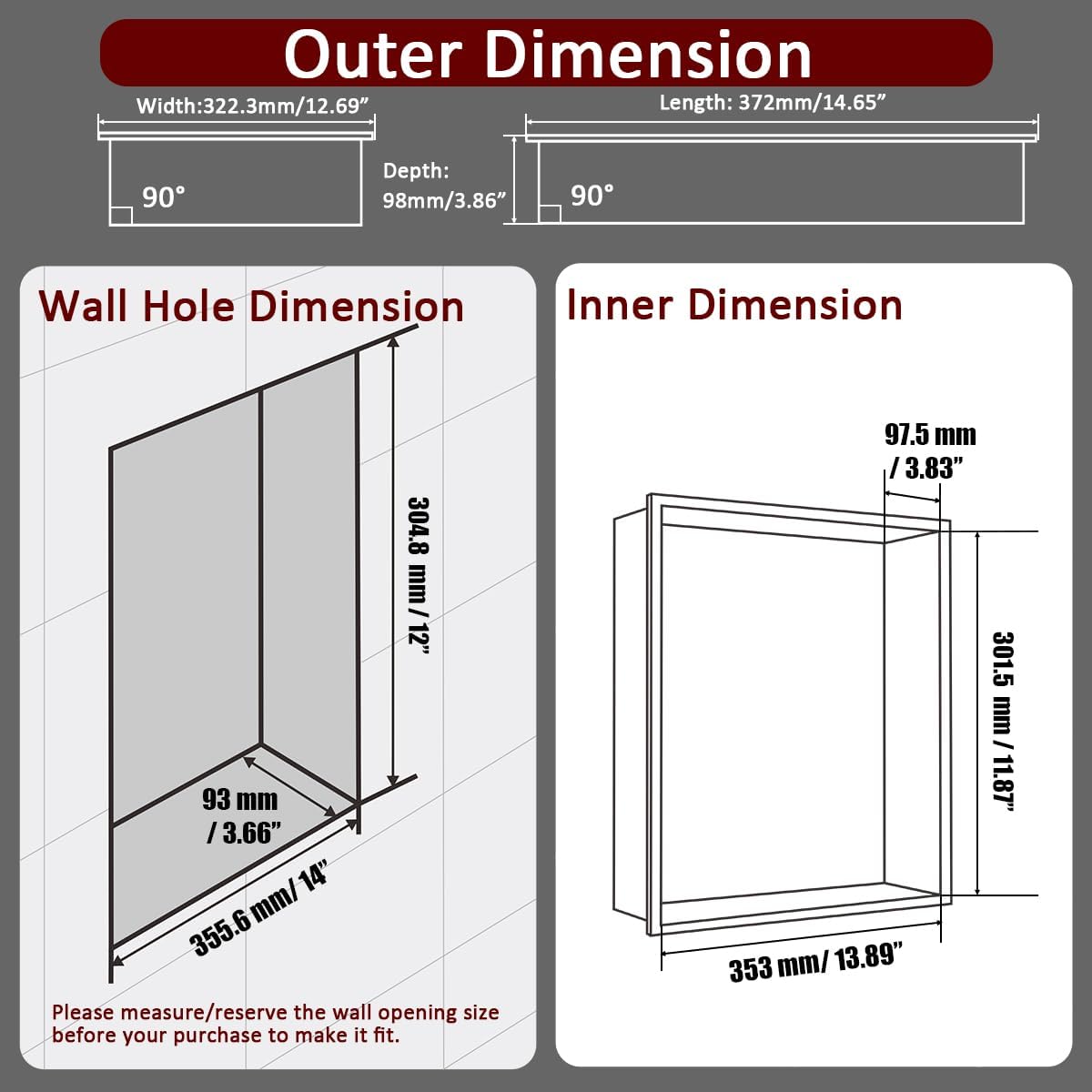 JQK Shower Niche No Tile Need, 12"×14" Matte Black Bathroom Insert Shelf, 304 Stainless Steel Recessed Shower Caddy Organizer Storage, SNL1214-PB