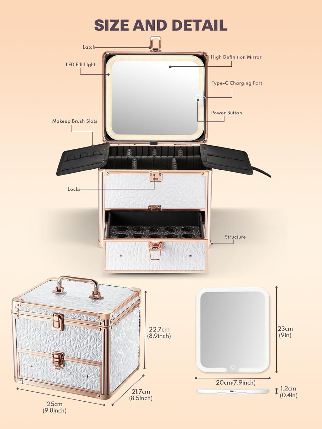 Qislee Makeup Box with Drawer and A Detachable Lighted Mirror, Waterproof Travel Train Case, Cosmetic Organizer and Makeup Suitcase with Adjustable Dividers, Magnetic LED Mirror (Bright White)