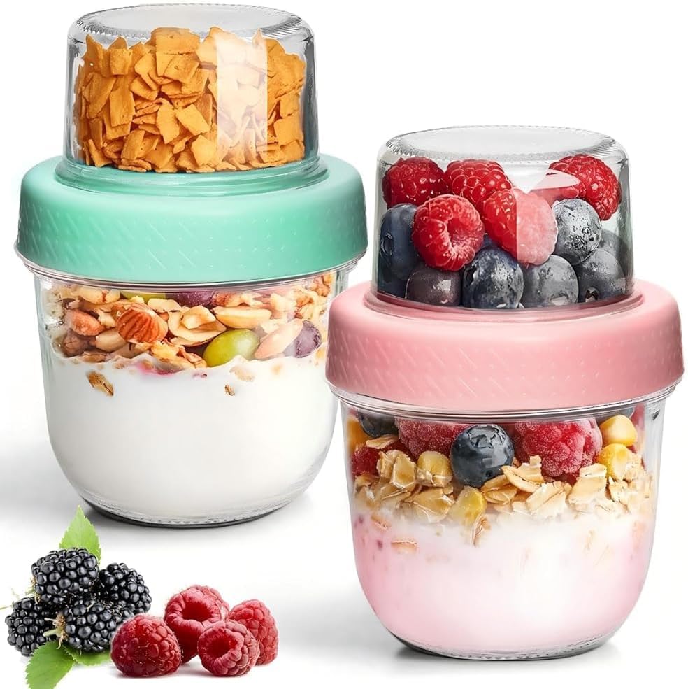 ComSaf Overnight Oats Containers with Lids (8oz+4oz, 2Pcs), Glass Yogurt Parfait Cups for Cereal Nut Fruit, Dual-Layer Chia Pudding Jars Reusable, Small Mason Jars for Salad, Meal Prep, Snack, Oatmeal