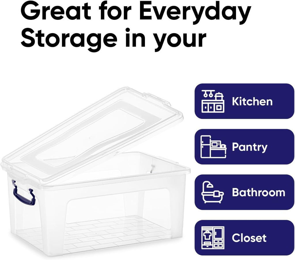 Superio Clear Storage Bins with Lids, 28.5 Quart BPA Free Plastic Containers, Transparent Boxes for Organizing, Stackable Crates, Organizer Totes for Home, Office, School, and Dorm