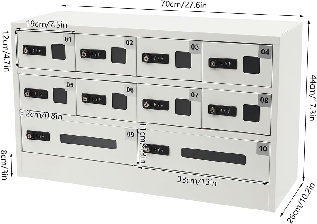 10 Slots Cell Phone Charging Station, Fast Charge Mobile Phone Locker Cabinet with Acrylic Window and 3-in-1 Cable, Combination Lock iPad mini Storage for Office, Classroom (10-Slot)