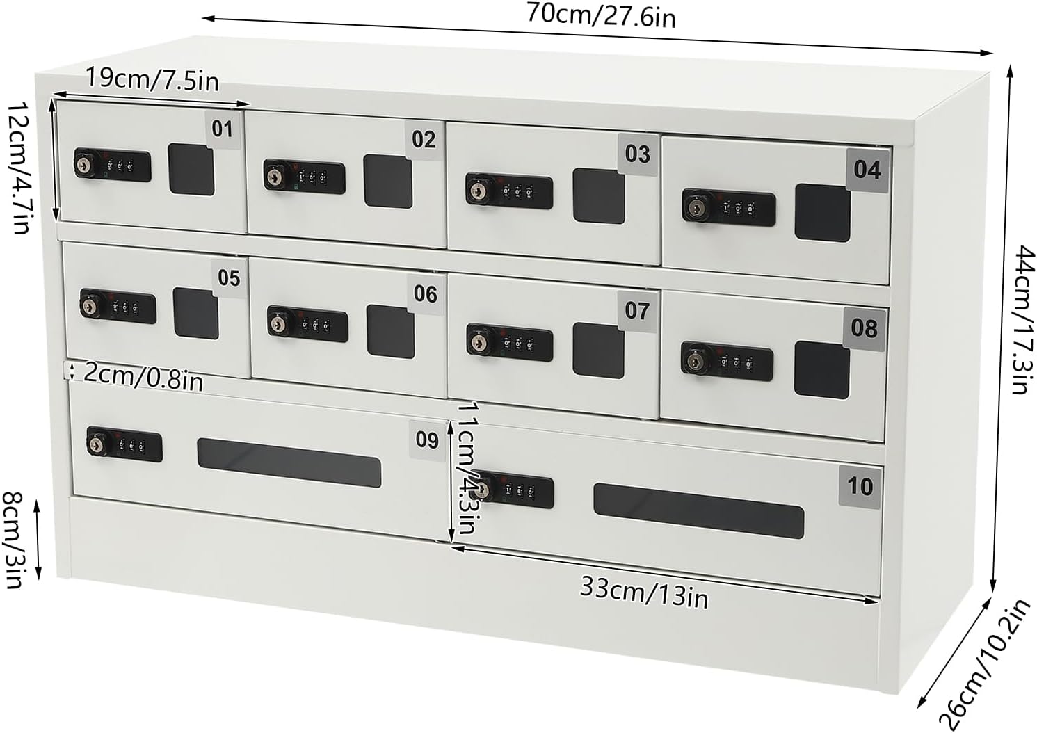 10 Slots Cell Phone Charging Station, Fast Charge Mobile Phone Locker Cabinet with Acrylic Window and 3-in-1 Cable, Combination Lock iPad mini Storage for Office, Classroom (10-Slot)