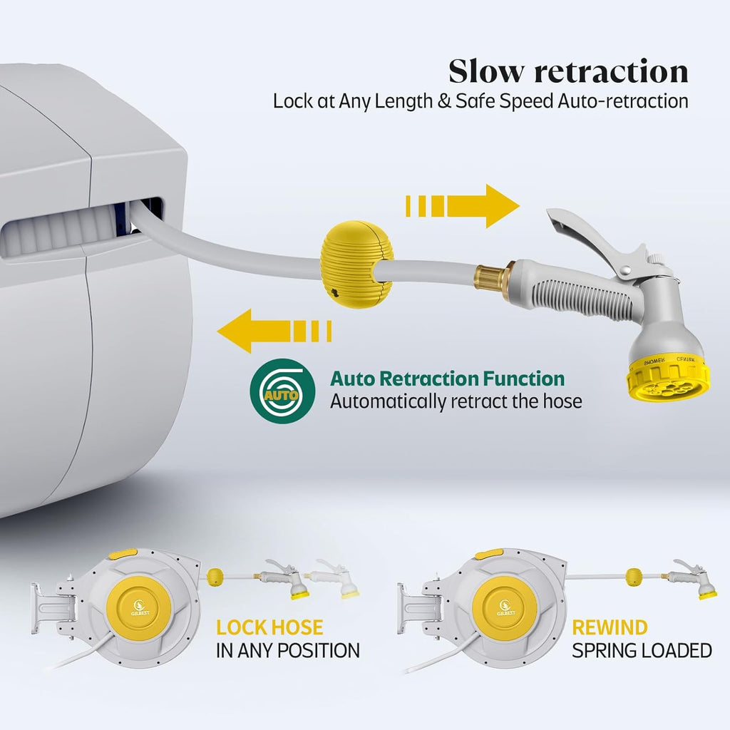 100 ft x 5/8" Retractable Garden Hose Reel, Heavy Duty Water Hose Reel Wall Mounted, Any Length Lock, 180°Swivel, Water Hose with 8-Function Nozzle for Cleaning, Watering(Yellow)