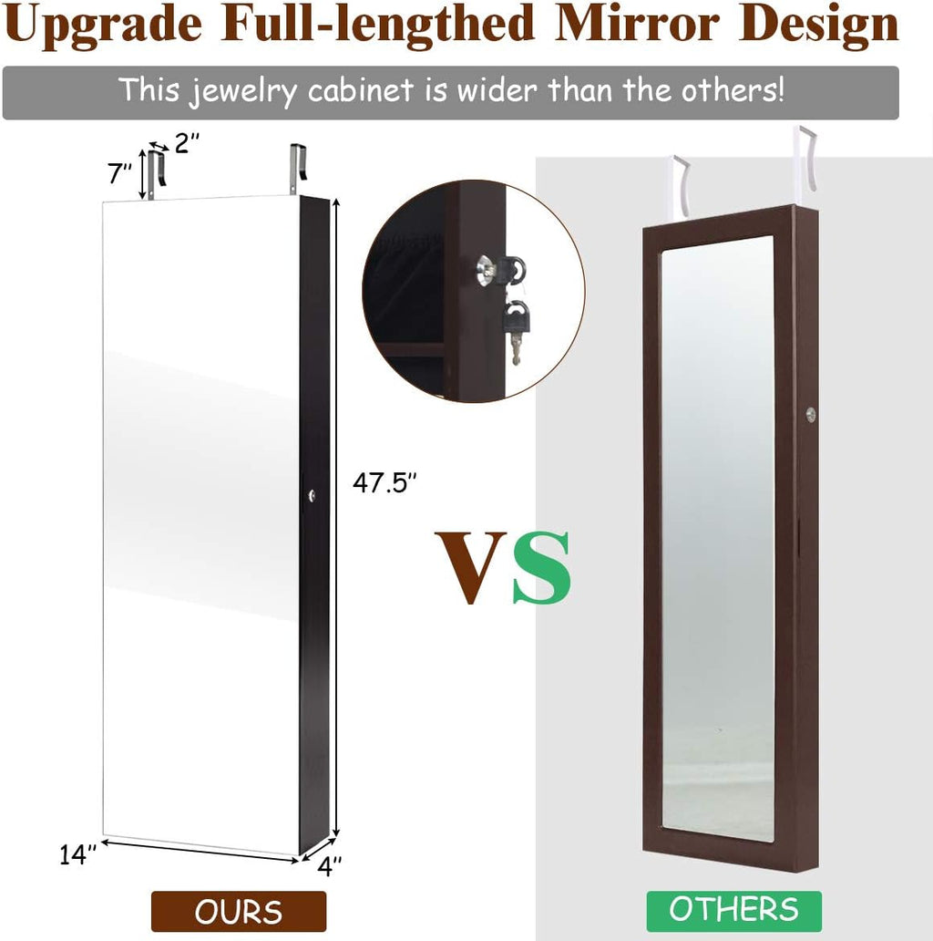 Giantex Wall Door Mounted Jewelry Armoire Cabinet with 47.5" H Full Length Mirror, 2 LEDs Lockable Jewelry Organizer Box with Bracelet Rod, 2 Drawers, Large Storage Capacity (Espresso)