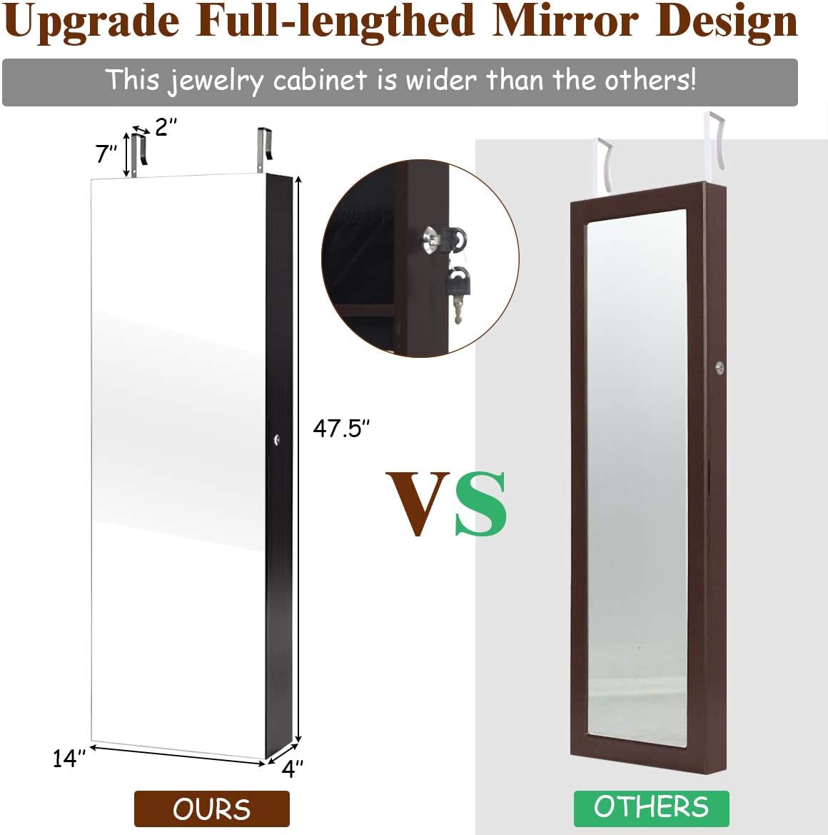 Giantex Wall Door Mounted Jewelry Armoire Cabinet with 47.5" H Full Length Mirror, 2 LEDs Lockable Jewelry Organizer Box with Bracelet Rod, 2 Drawers, Large Storage Capacity (Espresso)