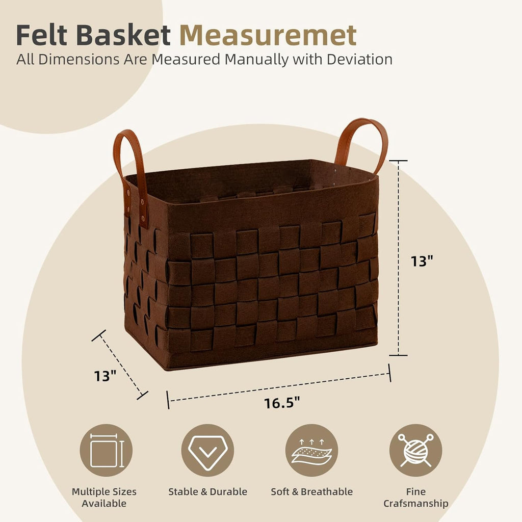 boldmonkey Laundry Basket 16.5 " x13 x13 , Large Rectangular Felt Fabric Blanket Basket with Leather Handle, Dirt Clothes Laundry Hamper for Babies, Dogs and Living Room-Brown
