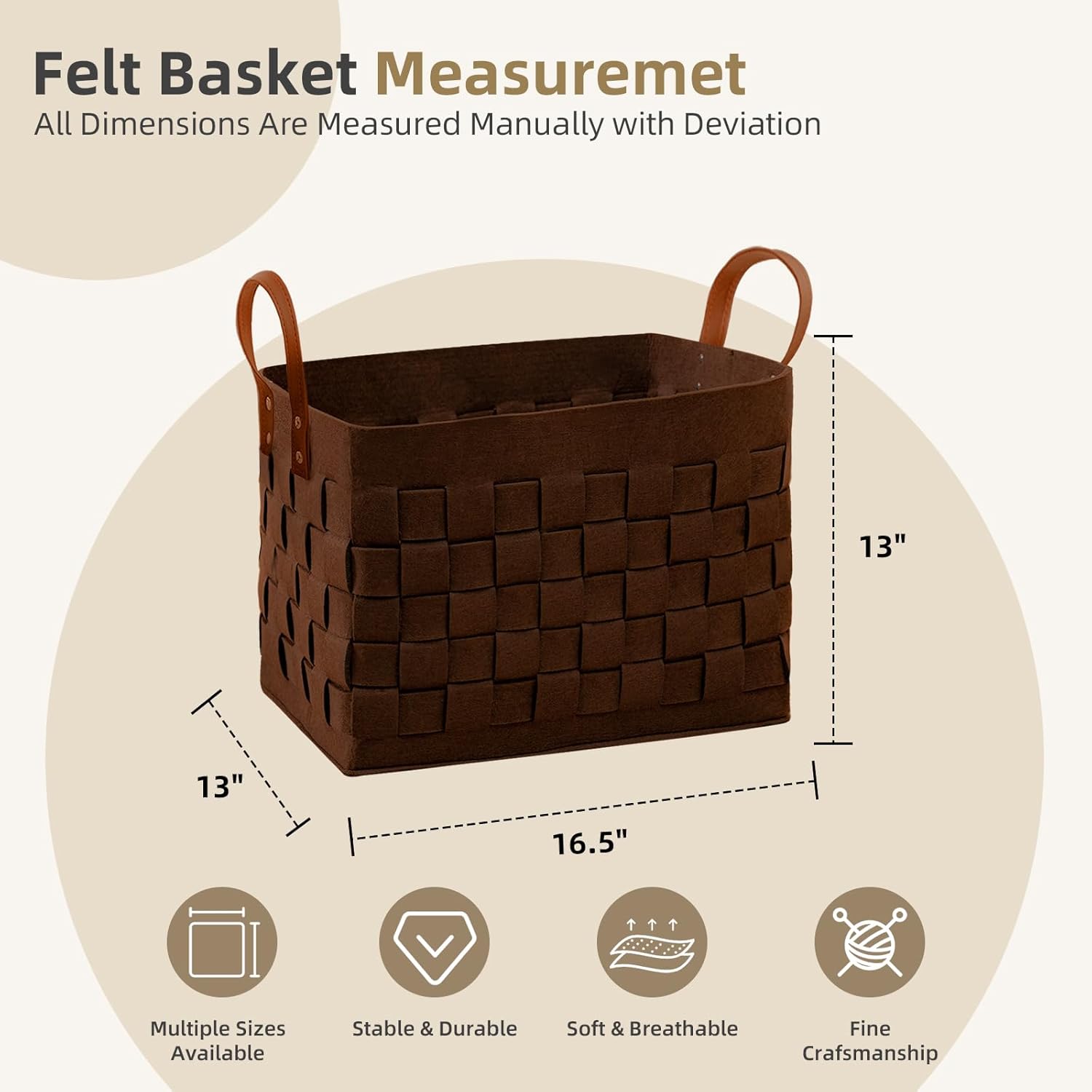 boldmonkey Laundry Basket 16.5 " x13 x13 , Large Rectangular Felt Fabric Blanket Basket with Leather Handle, Dirt Clothes Laundry Hamper for Babies, Dogs and Living Room-Brown