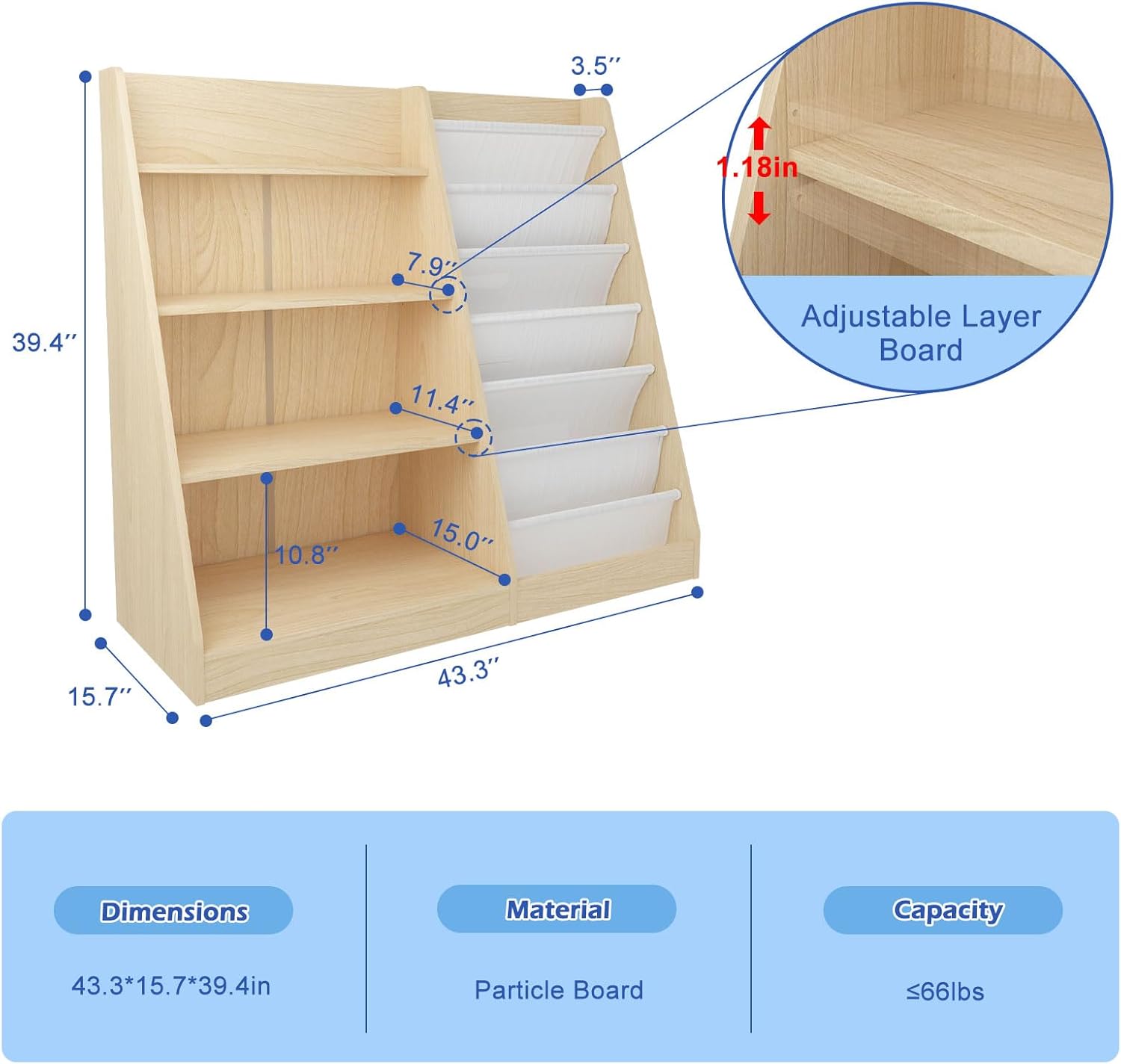 4 Tier Kids Bookshelf Baby Toddler Book Rack Children Bookcase Toy Storage Organizer with 6 Sling Adjustable Shelf for Nursery Playroom Classroom Library Bedroom Natural Wood