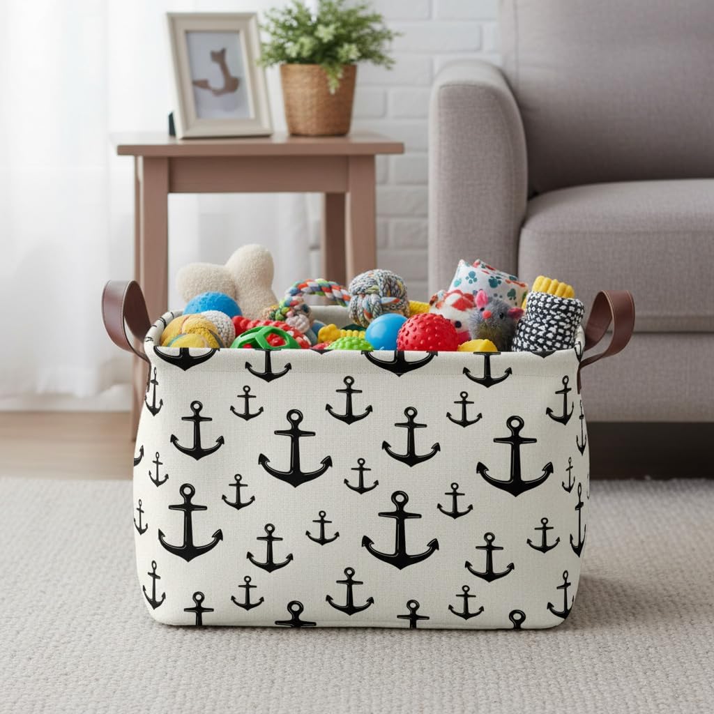 Anchor Storage Basket Waterproof Canvas Toy Storage Bin Home Anchor Decor Collapsible Outdoor Basket with Leather Handles Nautical Decor Blanket Baskets For Closets,Bedrooms,Gifts Baskets