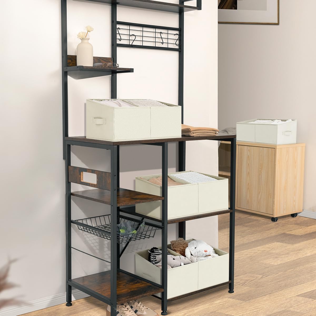 DIMJ Closet Storage Bins, 8 Pack Storage Baskets for Shelves, Foldable Shelf Organizer with Handle, Linen Closet Organizers and Storage for Clothes, Toys, Towel, Books (Beige)