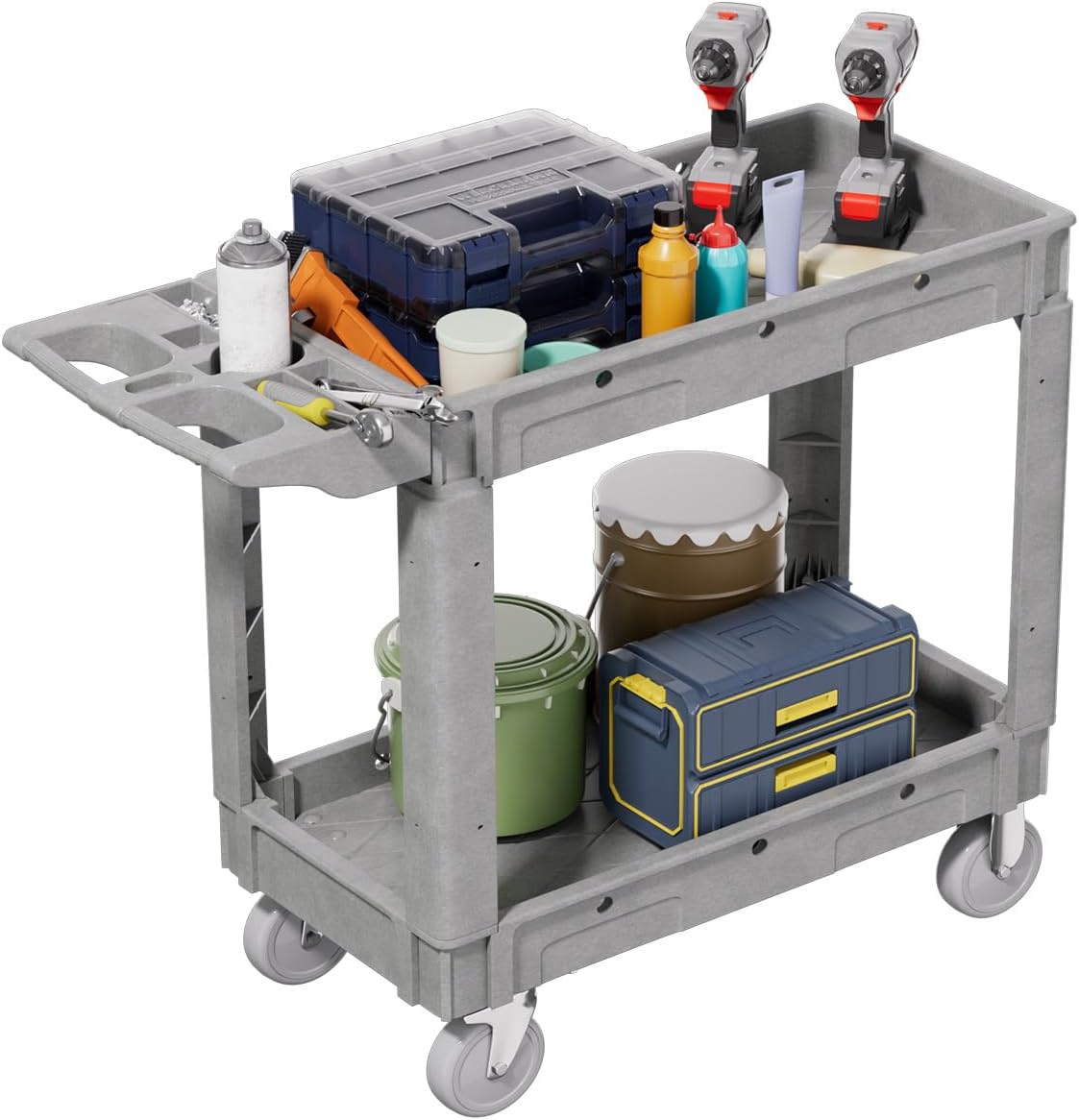 2 Tier Plastic Rolling Utility Cart on Wheels, Heavy Duty Tool Cart with Deep Shelves and 360° Swivel Wheels Holds up to 550 lbs, Service Cart for Garage, Warehouse, Cleaning (Grey-M)