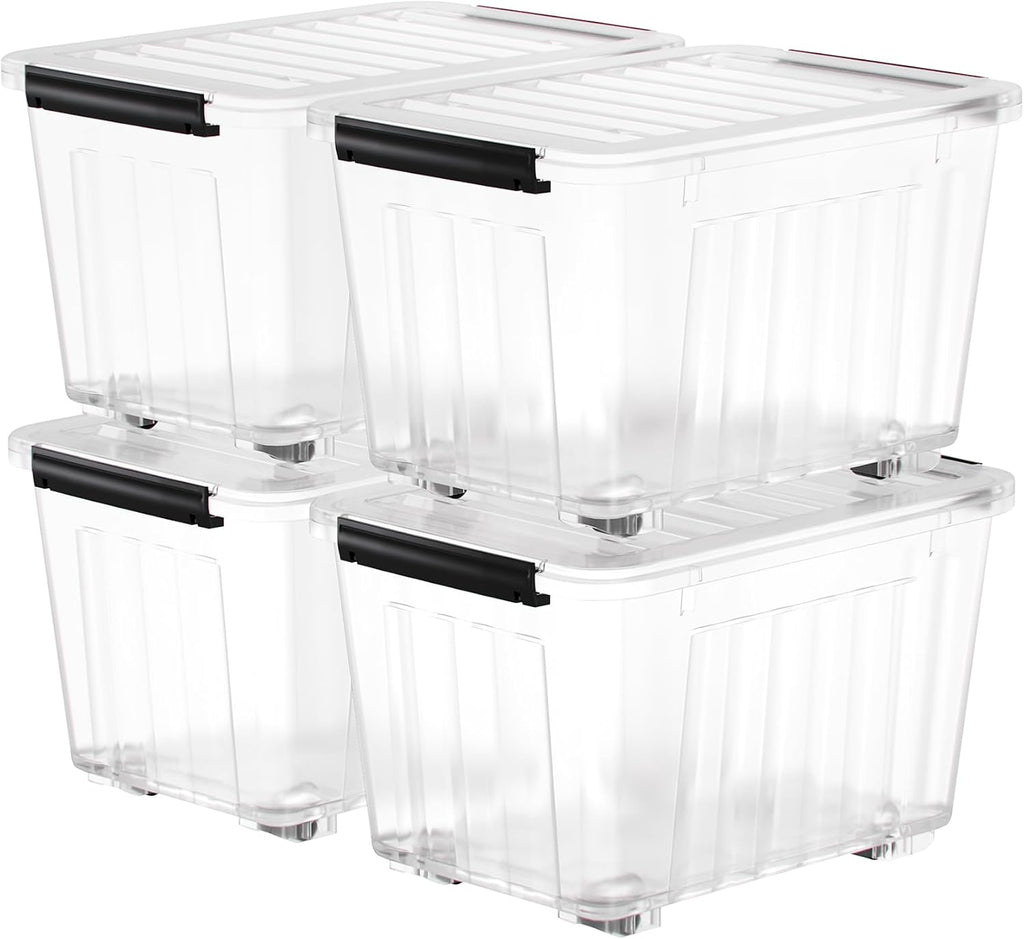 Nazhura 97 Quart Plastic Storage Bin, Stackable and Nestable Storage Boxes with Lids and Secure Latching Buckles, Large Storage Container (Clear, 97Quart-4Pack)
