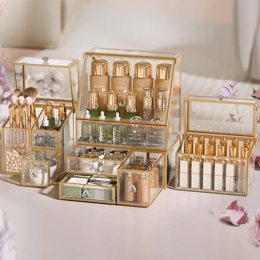 Tempered Glass Makeup Organizer – Clear Vanity Organizer with 18-Slot Lipstick Holder & Brush Organizer, Skincare and Perfume Storage for Dresser, Bathroom, and Countertop Use