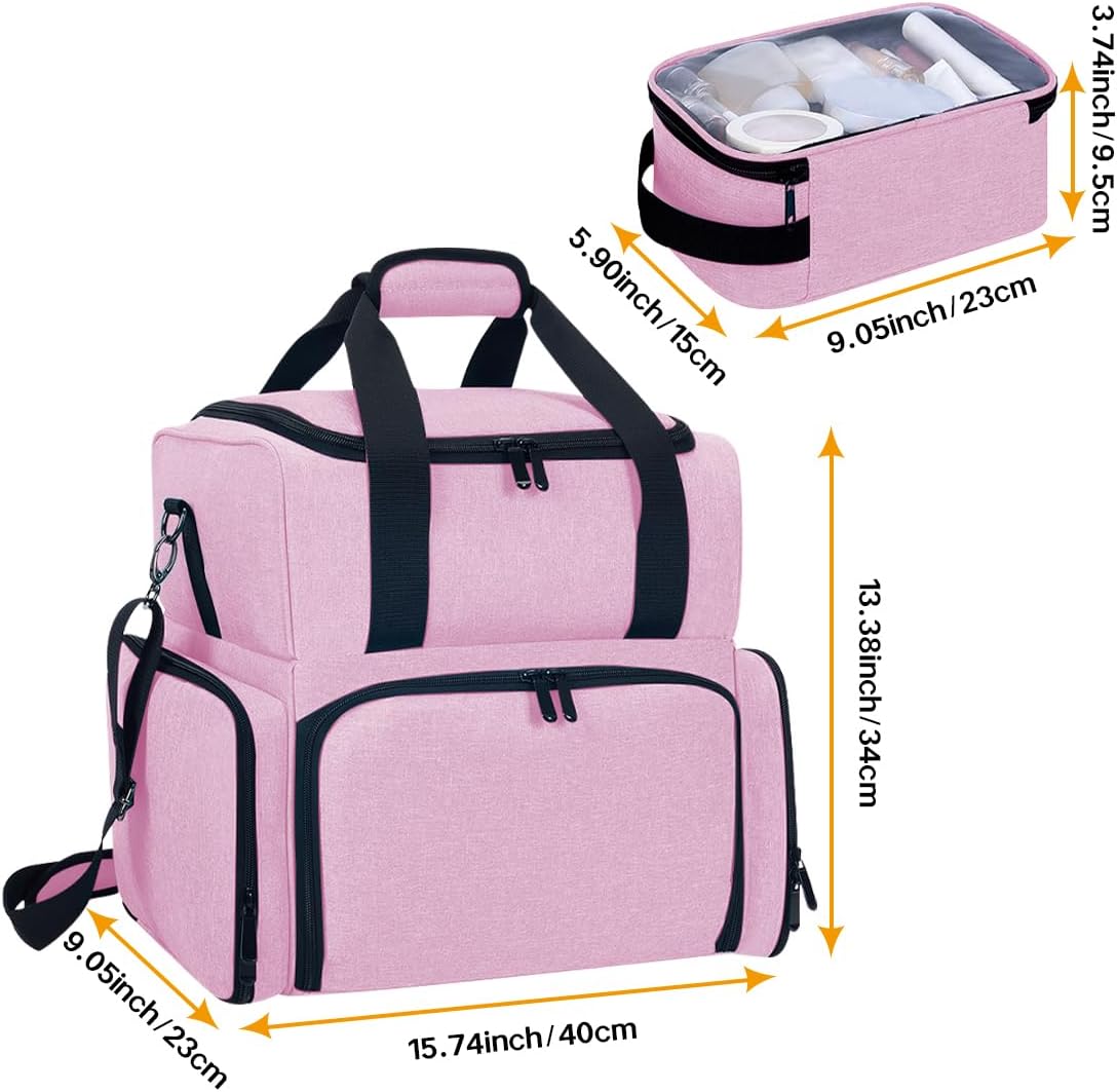 Large Cosmetic Bag with 4 Removable Case and 2 Removable Dividers Double Layer Travel Storage Organizer, Makeup Brushes Storage Section Pink