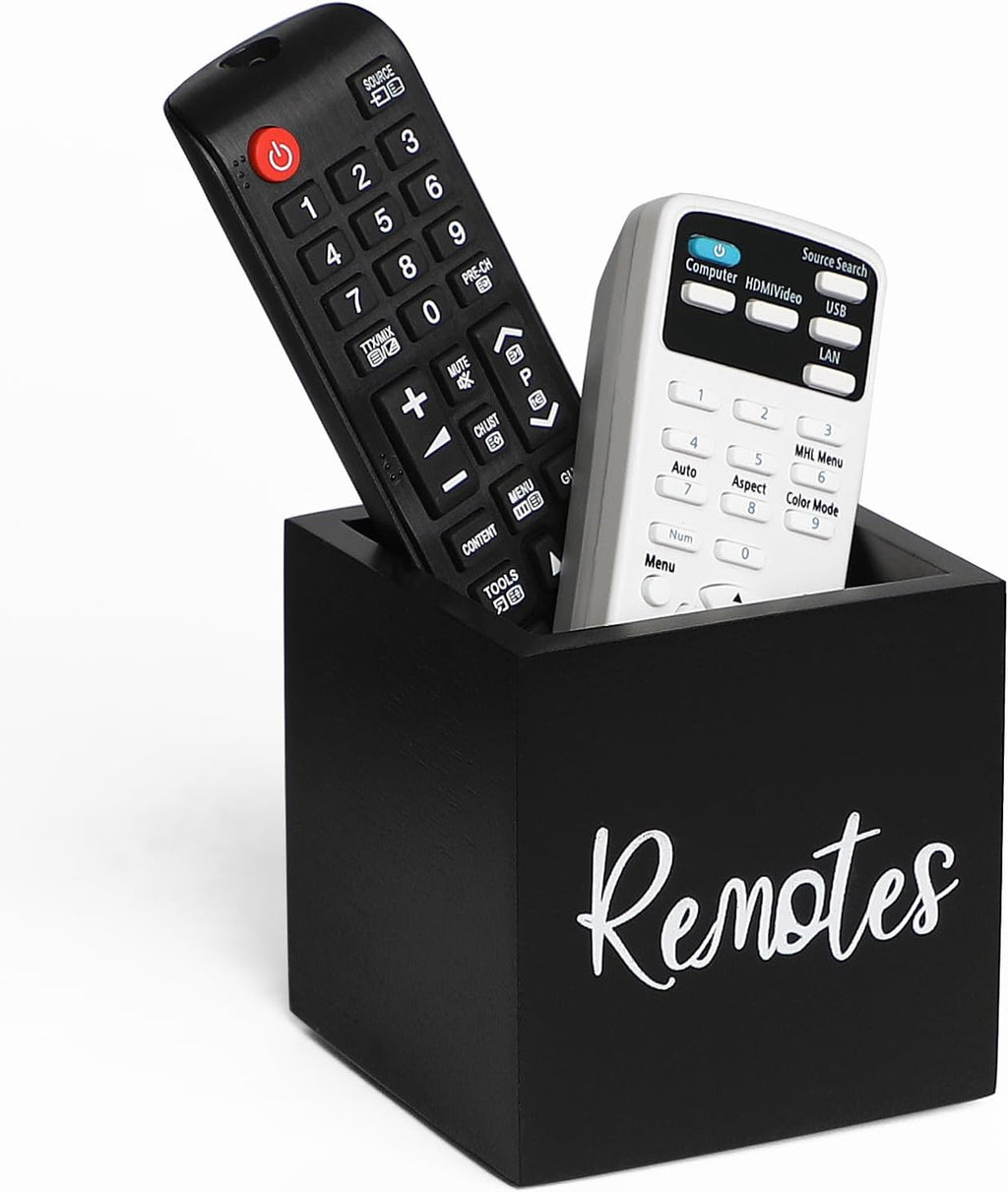 Wood Remote Control Holder, TV Remote Control Organizer for Home Bedroom Table, Multi-Purpose Desktop Storage (Black, S,for 2 or 3 Remote Controls)