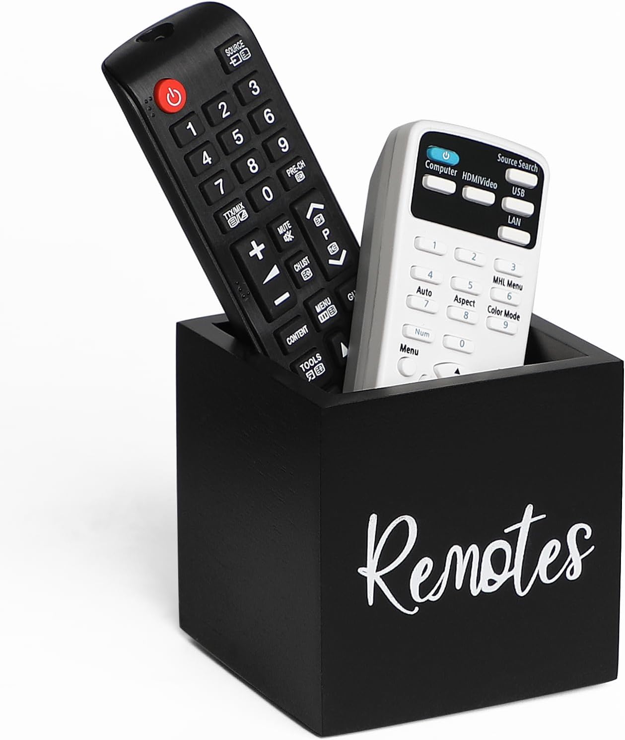 Wood Remote Control Holder, TV Remote Control Organizer for Home Bedroom Table, Multi-Purpose Desktop Storage (Black, S,for 2 or 3 Remote Controls)